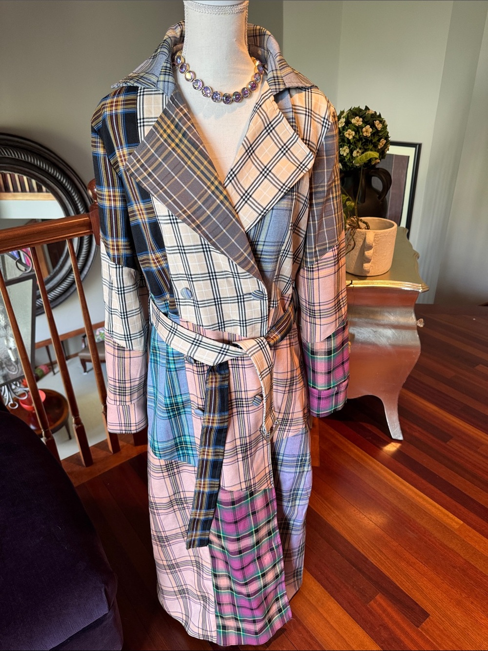 Patchwork Plaid Belted Trench Coat - Multicolor